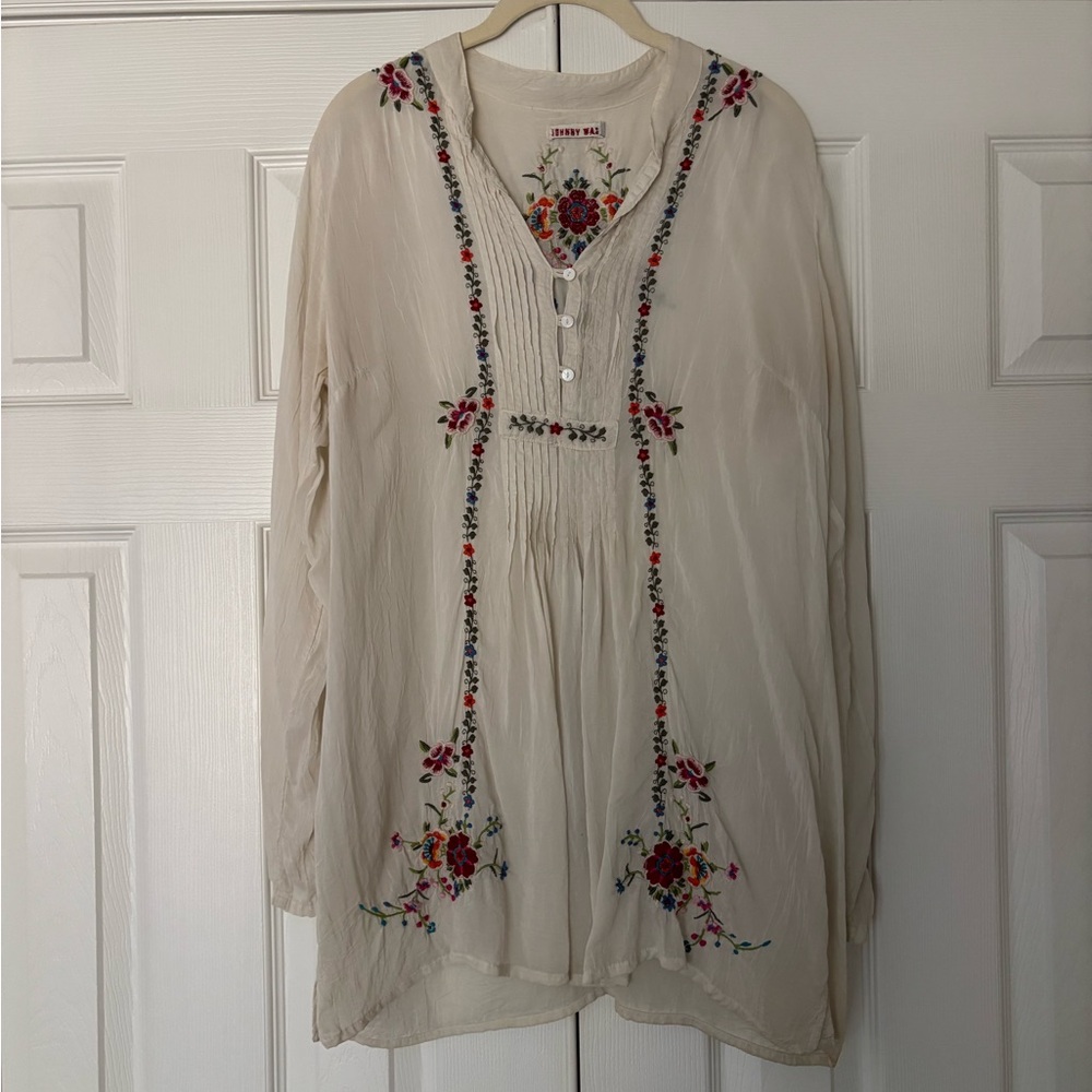 Johnny Was Cream Blouse with Colorful Embroidery